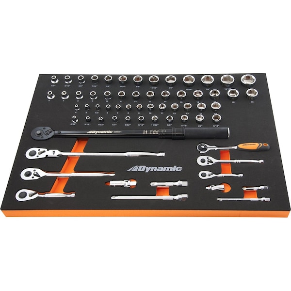 65Pcs 1/4", 3/8" Dr Socket, Attchmnt & Torque Wrench Set & Tool Orgnzr